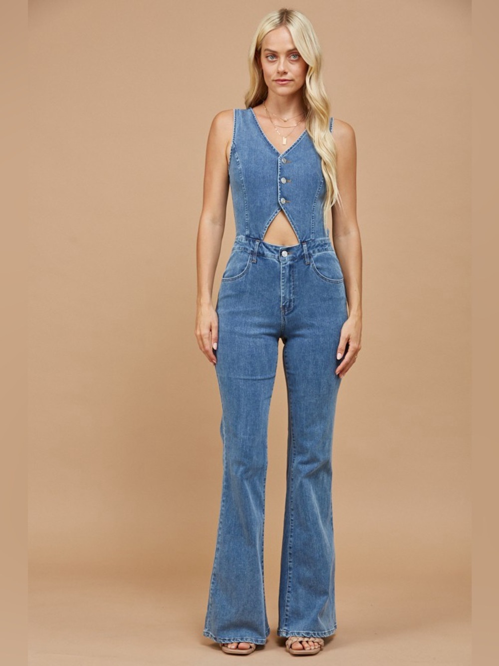 🤠 Western Cut Out Bootcut Denim Jumpsuit | Cowgirl Chic Flare One Piece - Picture 7 of 7